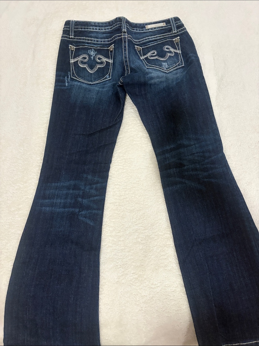 Express Dark Blue Flare Jeans with Embroidered Back Pockets